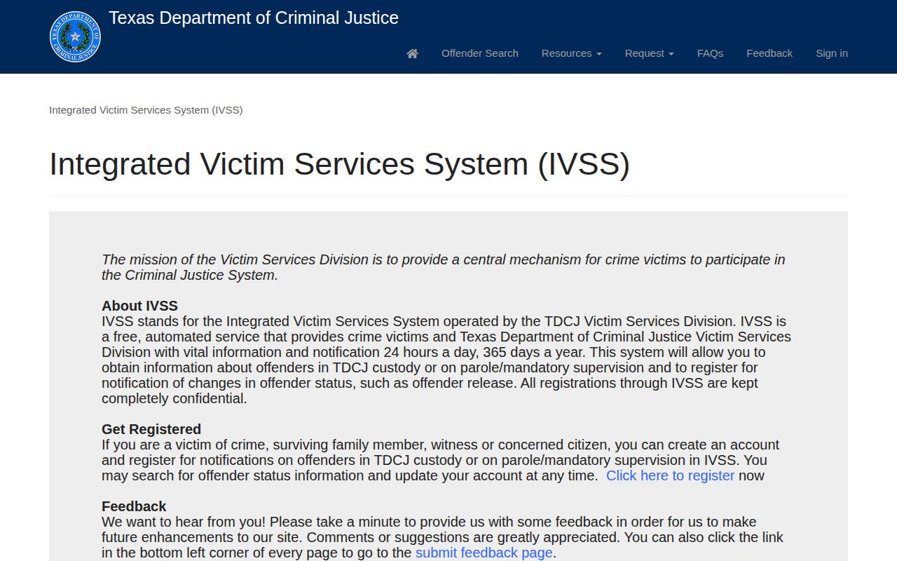 TDCJ Integrated Victim Services System portal for state custody and parole notifications