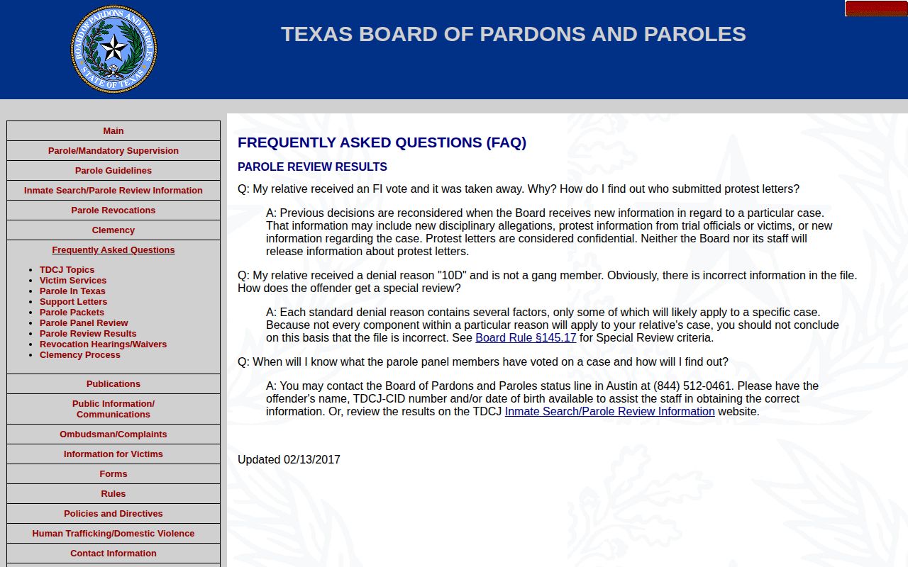 Texas BPP parole review results for Houston County release verification