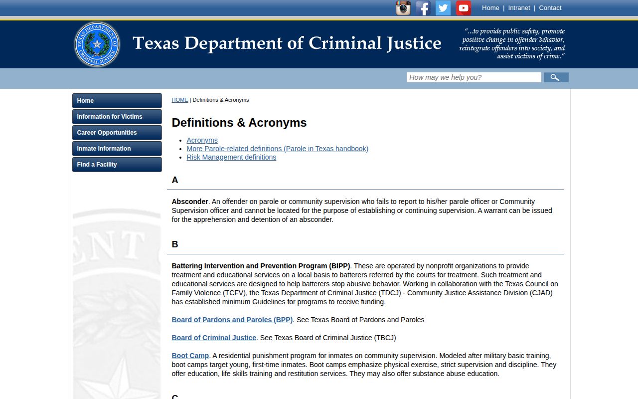 TDCJ definitions page explaining projected release and other sentence date terms